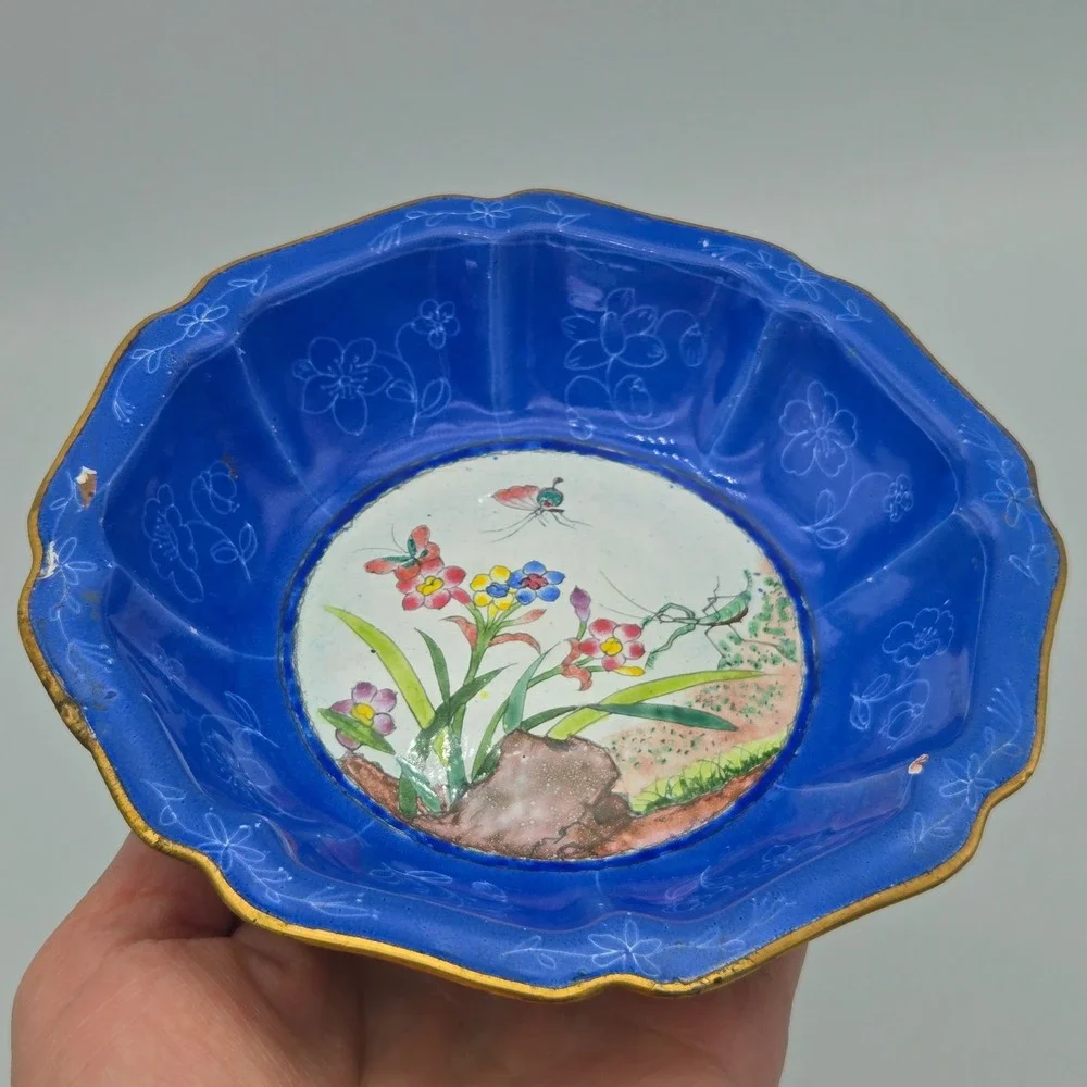 Vintage Chinese Canton Enamel Butterfly Mantis Floral Trinket Bowl Hand Painted